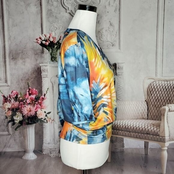 TIE Dye Women's Blue Orange Yellow V-Neck Short Sleeve T-Shirt Top Size Medium - Picture 6 of 10